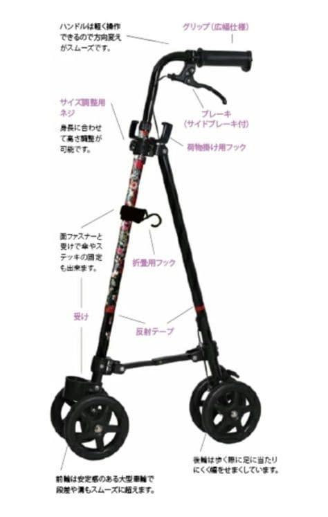 未使用・ハンドレールステッキ 歩行器 4輪　傘立てあり　カバン掛けフック付き