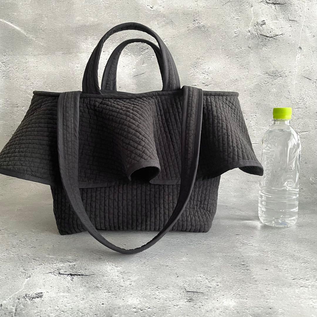 フリル付きヌビトートバッグ　2way ブラック　ヌビバッグ　ハンドメイド