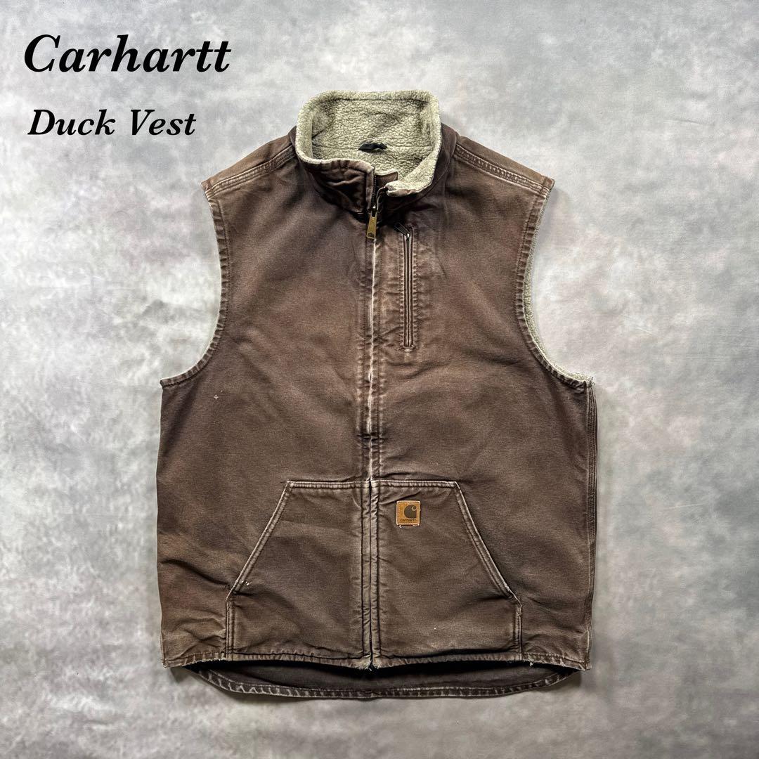 カーハート古着00s裏ボアダックベスト ブラウン茶フェード L Tall T97