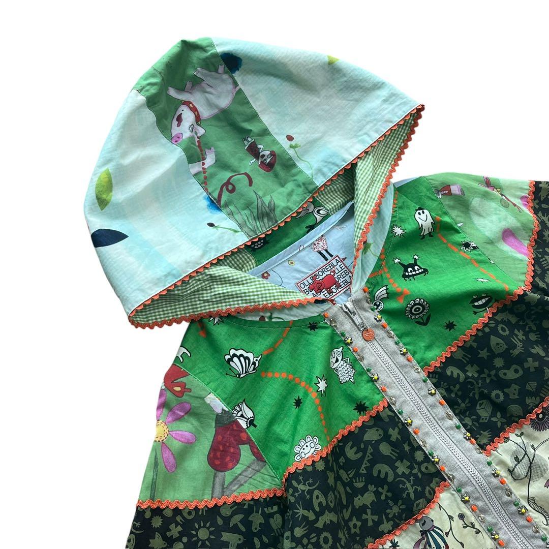 美品 アルベロベロ ぶたさん パーカー ブルゾン ビジュー　異素材 綿麻 七分袖