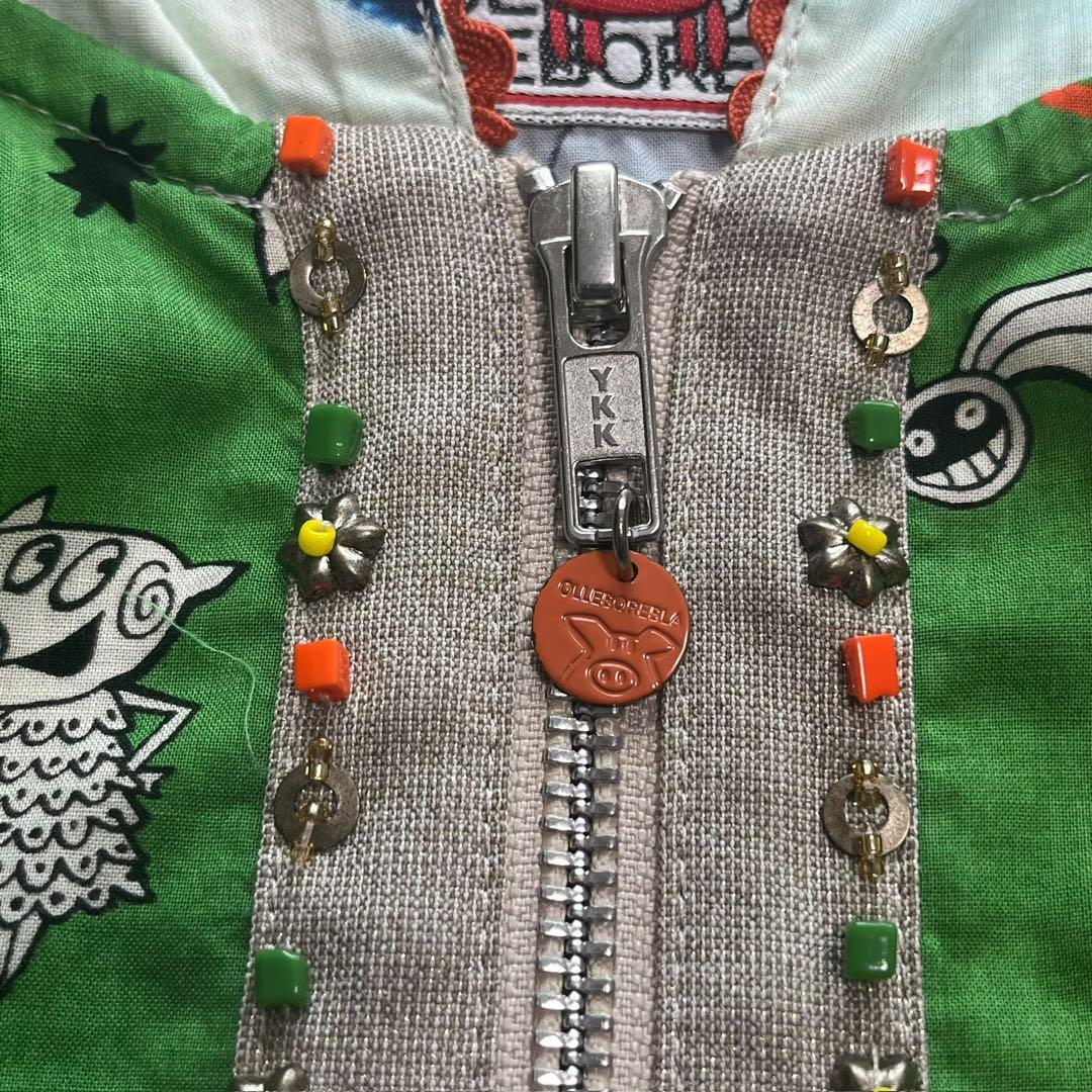 美品 アルベロベロ ぶたさん パーカー ブルゾン ビジュー　異素材 綿麻 七分袖