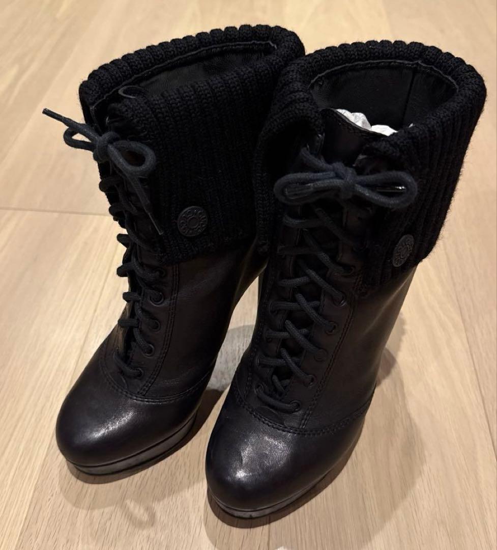 GUCCI レディース　ショートブーツ　レザー&ニット　ブラック　36.5
