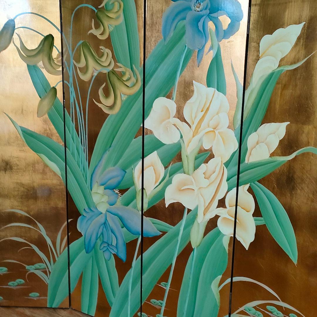 荘厳 屏風 4連 パーテーション 表裏別デザイン 仕切り 四つ折り和風アジアン