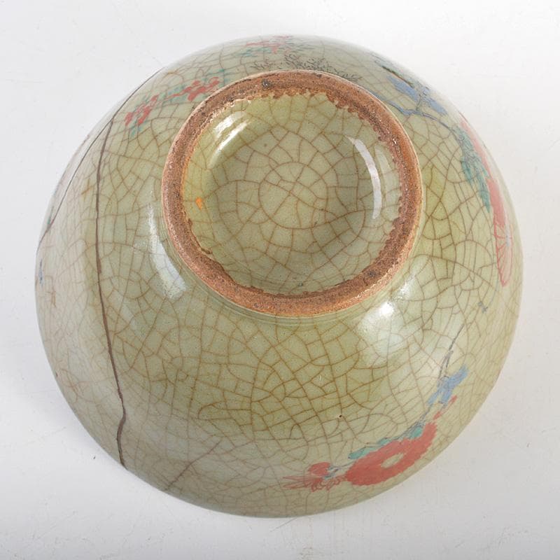 中国　哥窯　青磁　金絲鉄線　花文茶碗　金継ぎ直し　時代箱　C　6602