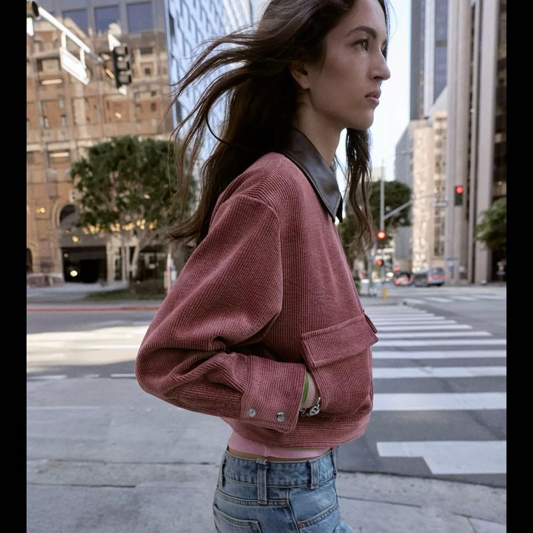 ZARA コーデュロイ フェイクレザー襟ジャケット マルサラ M