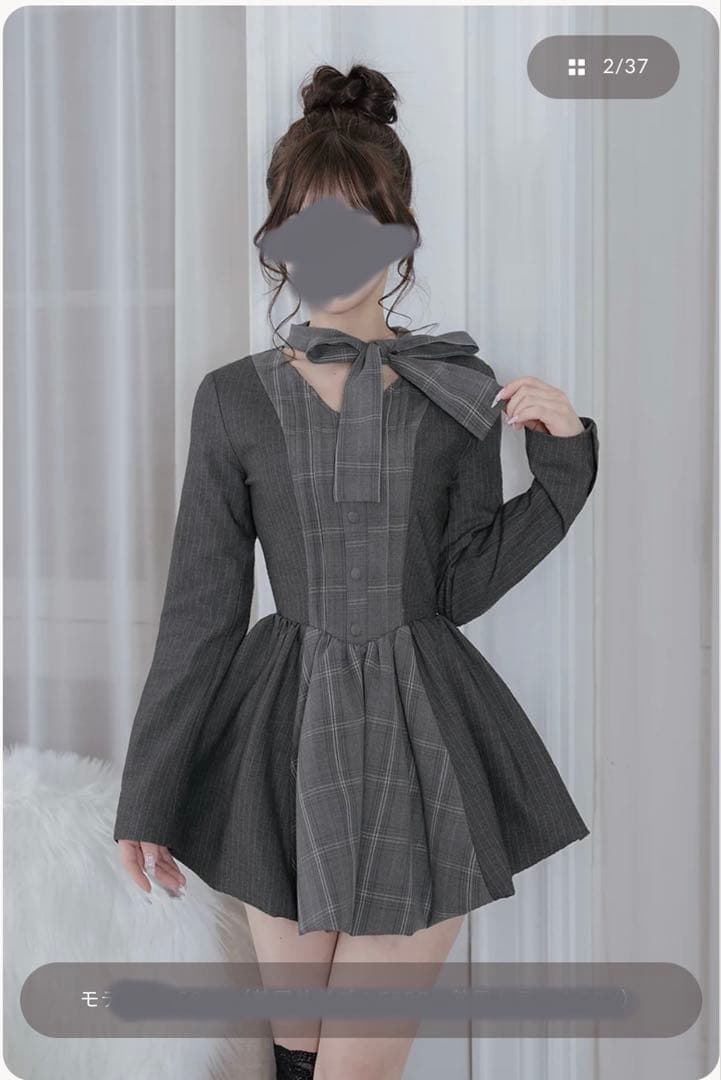 Darich ダーリッチ　チェックストライプバルーンミニワンピース　FL GRY