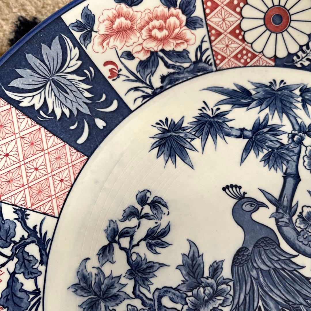 【新品 縁起物 ノベルティ】萬古窯 富永陶園 孔雀 大皿 尺ニ皿 新牡丹花鳥
