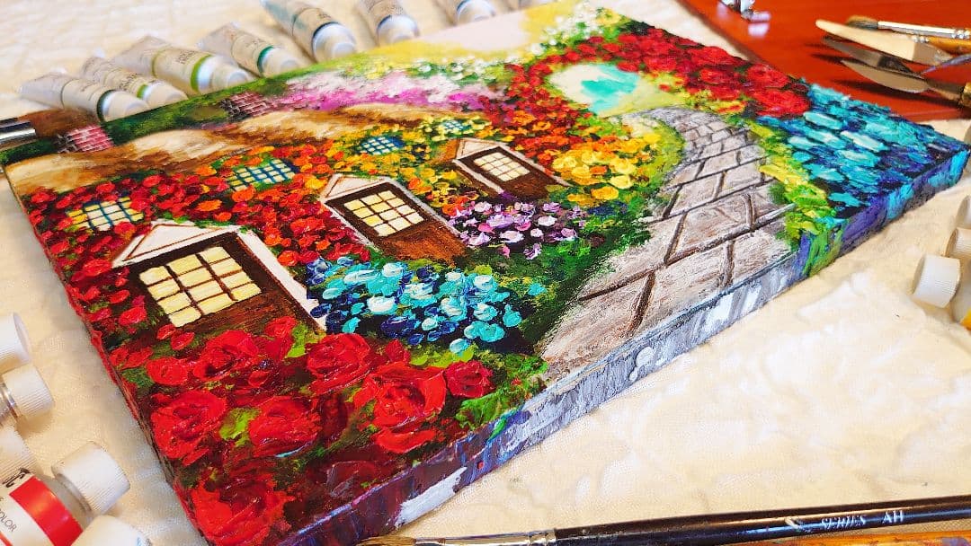 油絵 絵画【花の住宅】