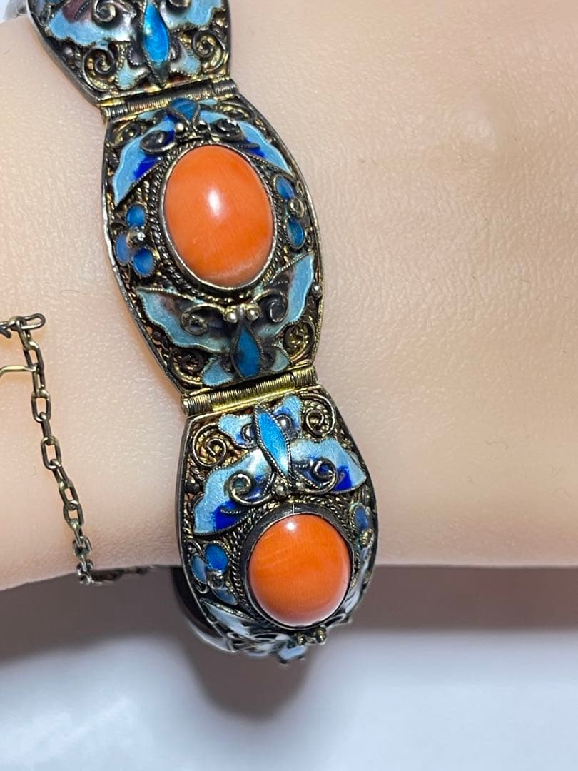 銀線細工 珊瑚SILVER ストーン ブレスレット