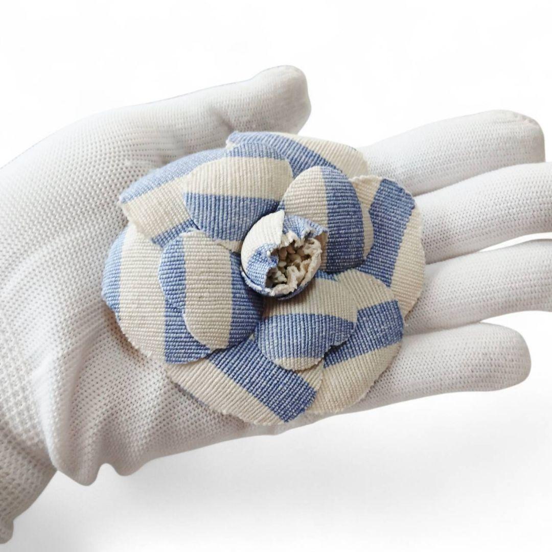 CHANEL シャネル ブローチ コサージュ デニム カメリア ボーダー