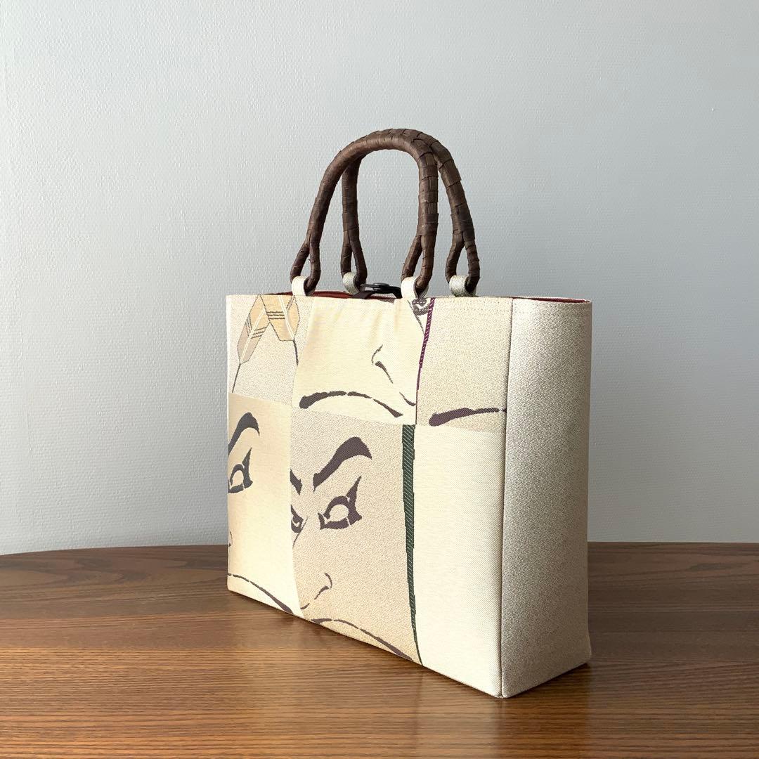 男前な歌舞伎柄の帯　リメイク　胡桃皮ハンドルバッグ　通しマチタイプ