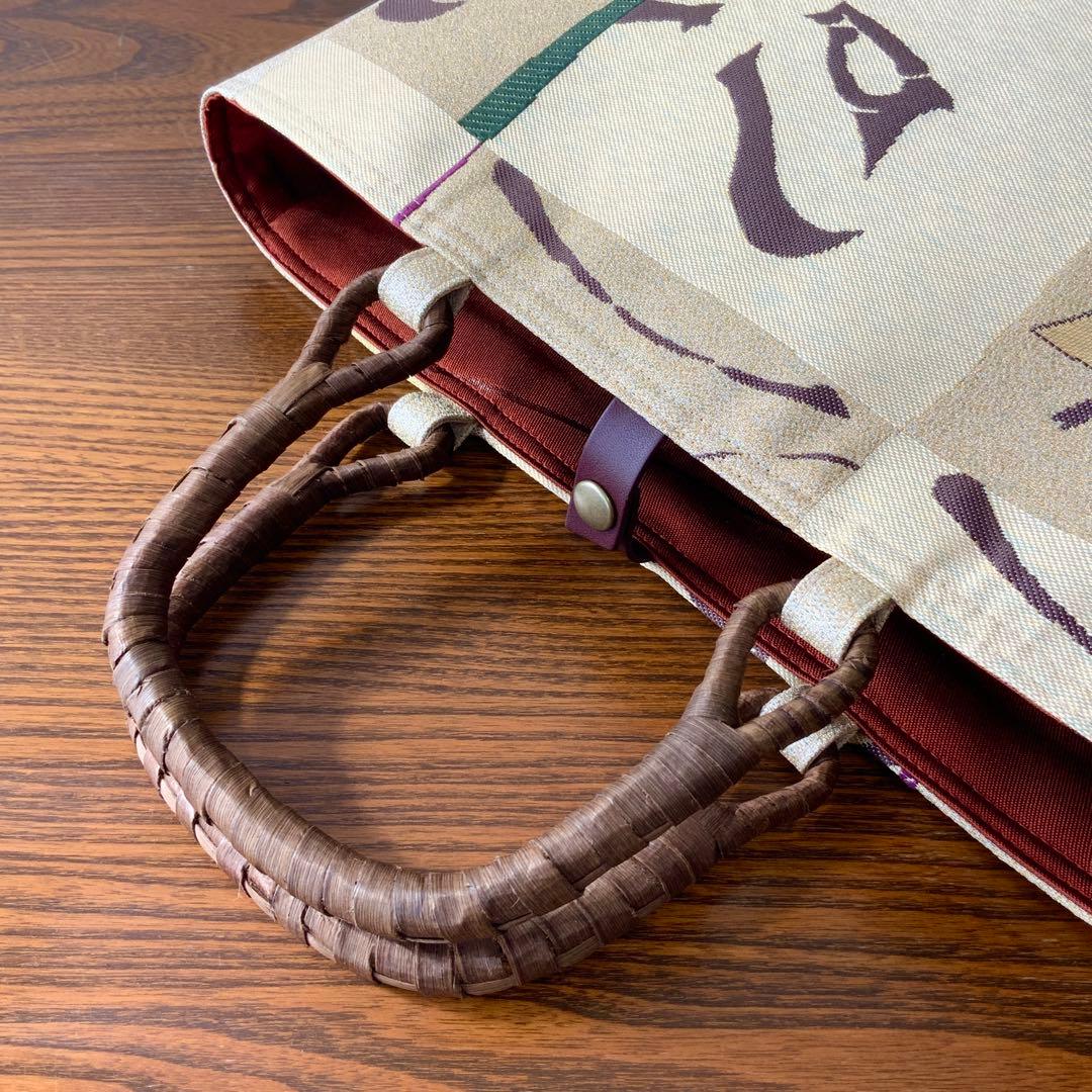 男前な歌舞伎柄の帯　リメイク　胡桃皮ハンドルバッグ　通しマチタイプ