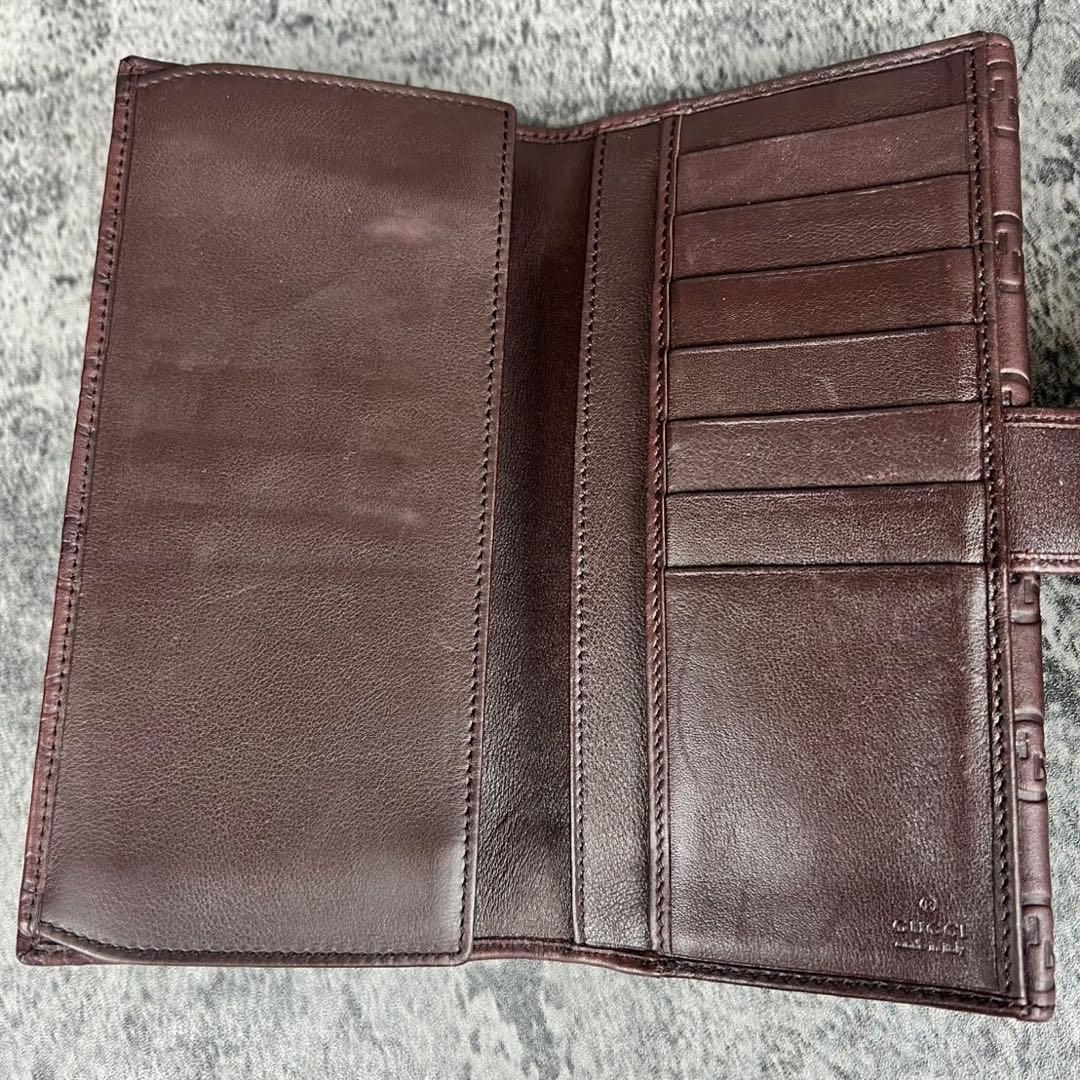 GUCCI GGシマ レザー リボン 二つ折り長財布 ブラウン Wホック