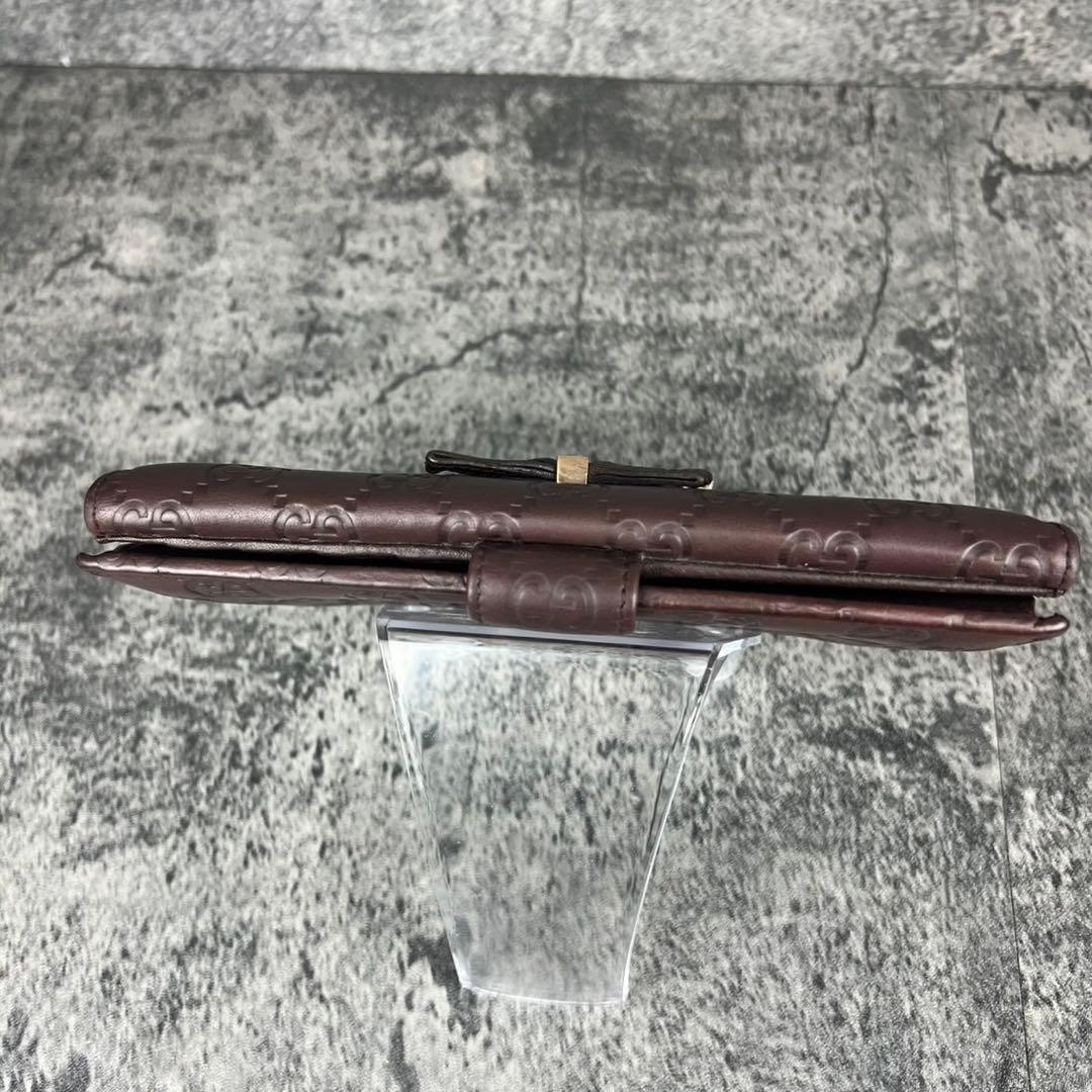 GUCCI GGシマ レザー リボン 二つ折り長財布 ブラウン Wホック