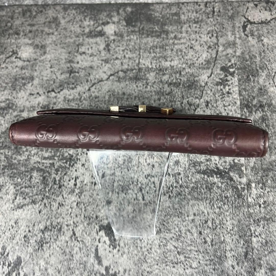 GUCCI GGシマ レザー リボン 二つ折り長財布 ブラウン Wホック