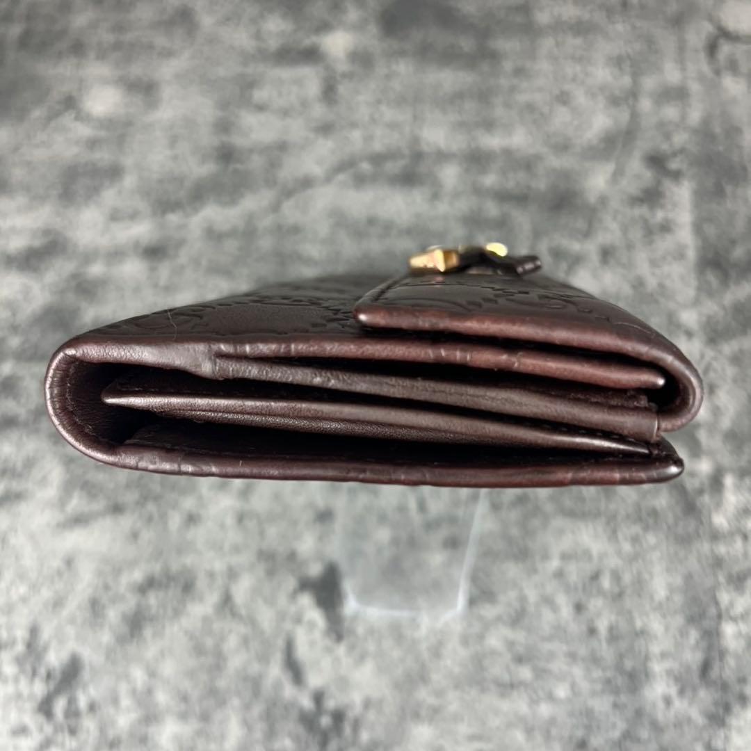 GUCCI GGシマ レザー リボン 二つ折り長財布 ブラウン Wホック