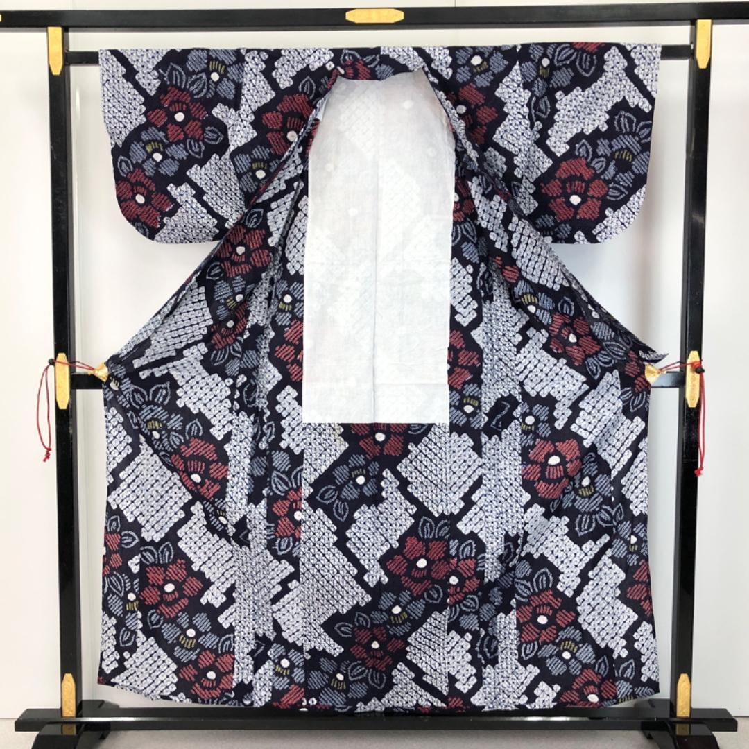 ☆ 夏着物 浴衣 有松鳴海本絞り 椿の花模様 紺藍色 K-5180