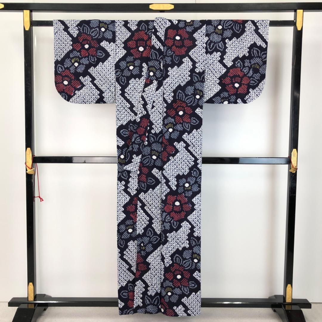 ☆ 夏着物 浴衣 有松鳴海本絞り 椿の花模様 紺藍色 K-5180
