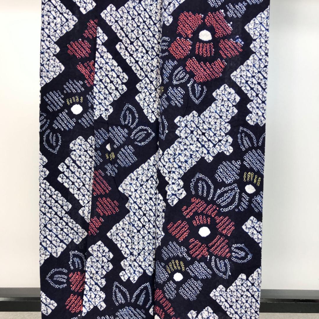 ☆ 夏着物 浴衣 有松鳴海本絞り 椿の花模様 紺藍色 K-5180