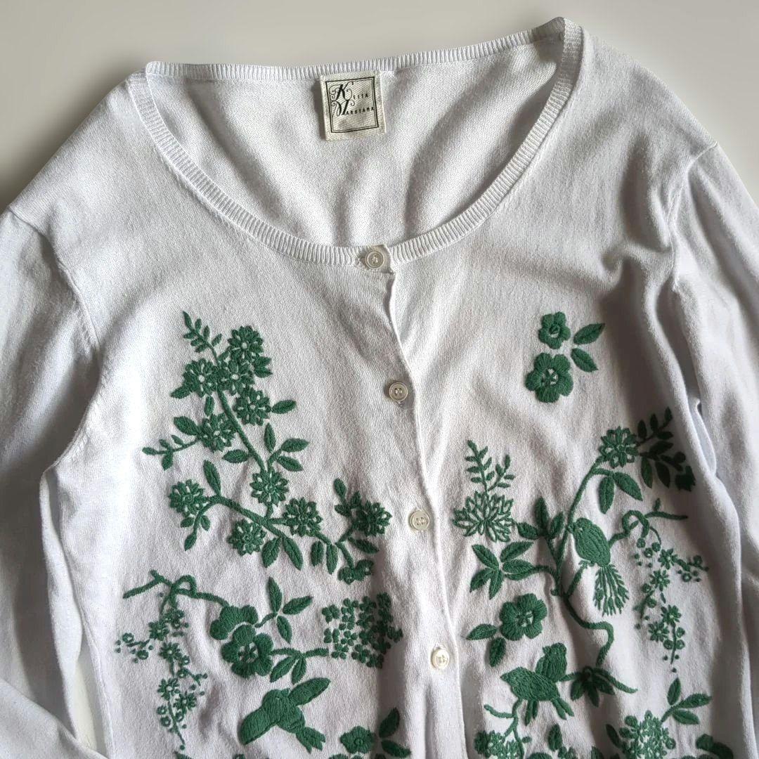 ケイタマルヤマ 緑花と鳥刺繍 アンサンブル カーディガン 半袖カットソー M