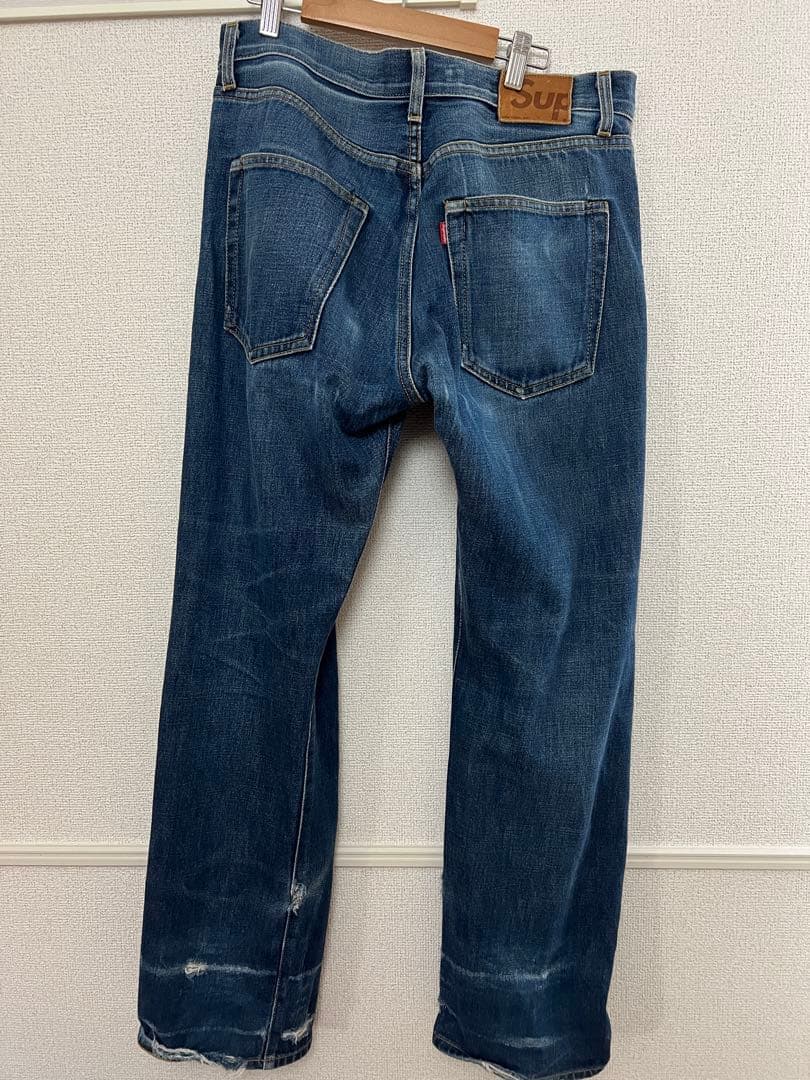 OLD Supreme 赤耳ストレートデニム ダメージあり1