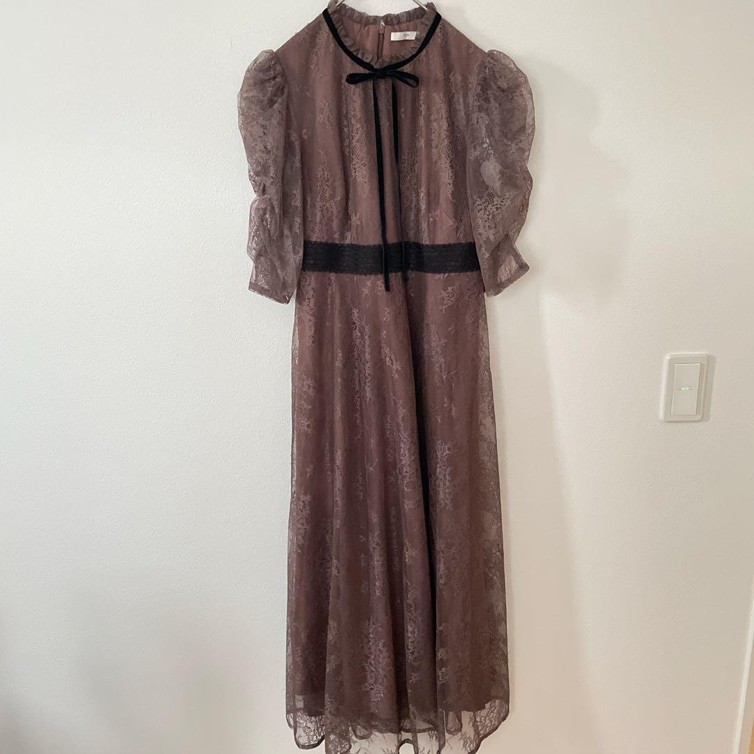【美品】leja ウエストマーク　パフスリーブ　レースロングワンピース　ドレスM