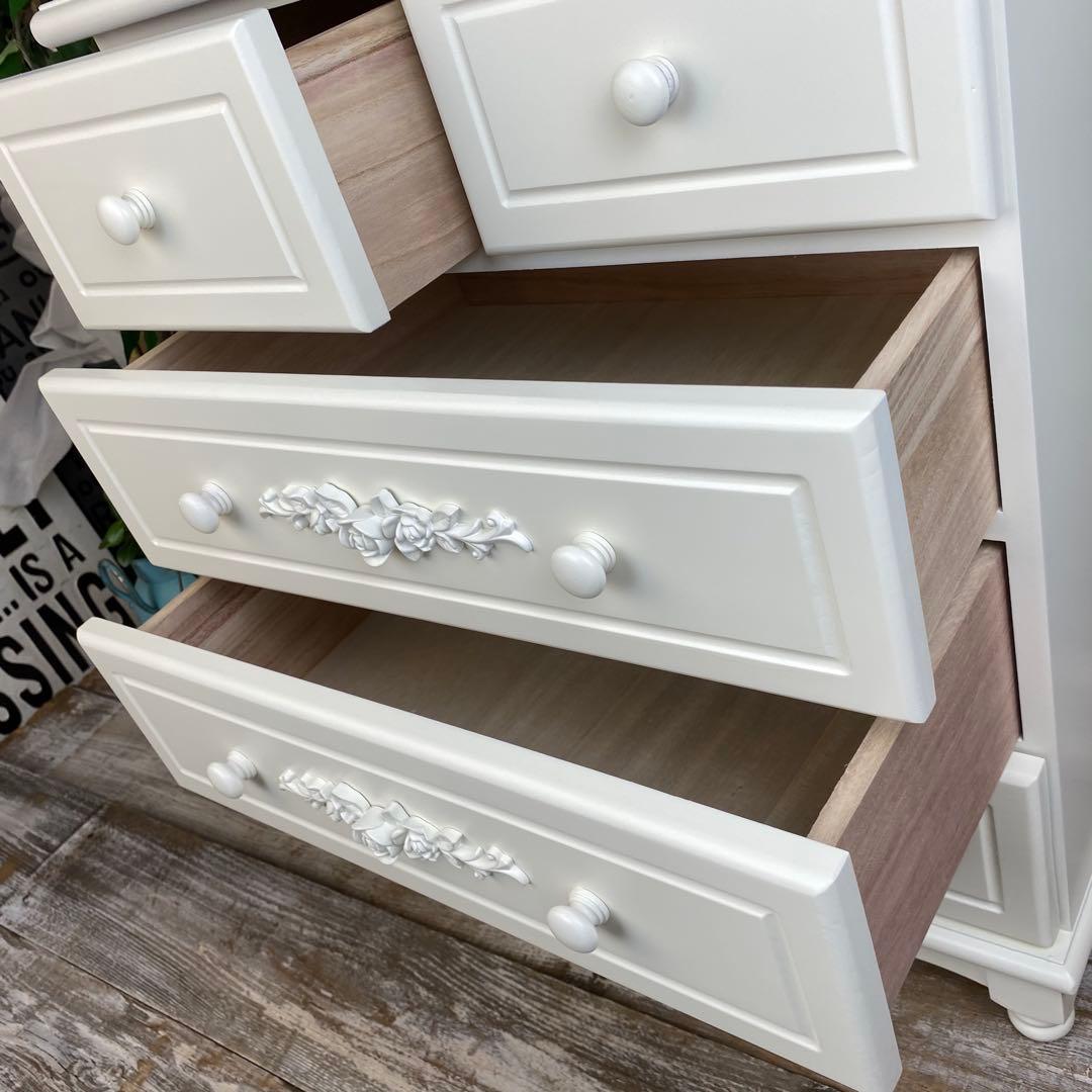 訳あり品【130】フレンチカントリー調ホワイトチェスト四段五つ引き木製タンス収納