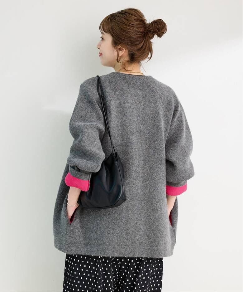 simplicite ２層スムース編みロングカーディガン　グレーピンクフォックス