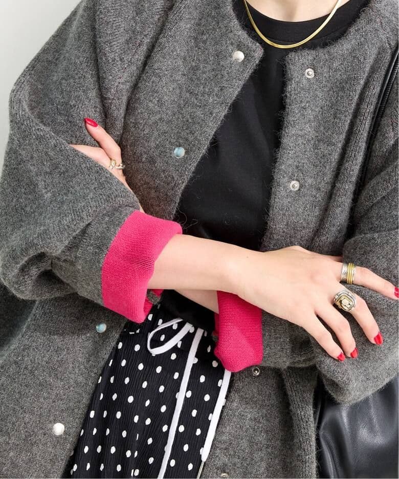 simplicite ２層スムース編みロングカーディガン　グレーピンクフォックス