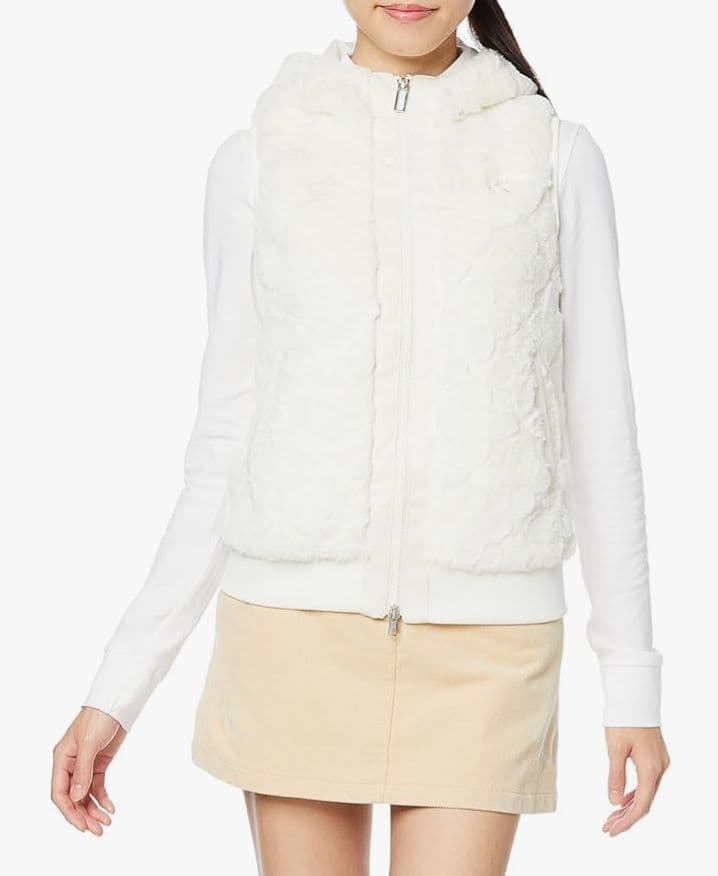 ◆Callaway キャロウェイ フラワージャガード ファーフードベスト　白◆