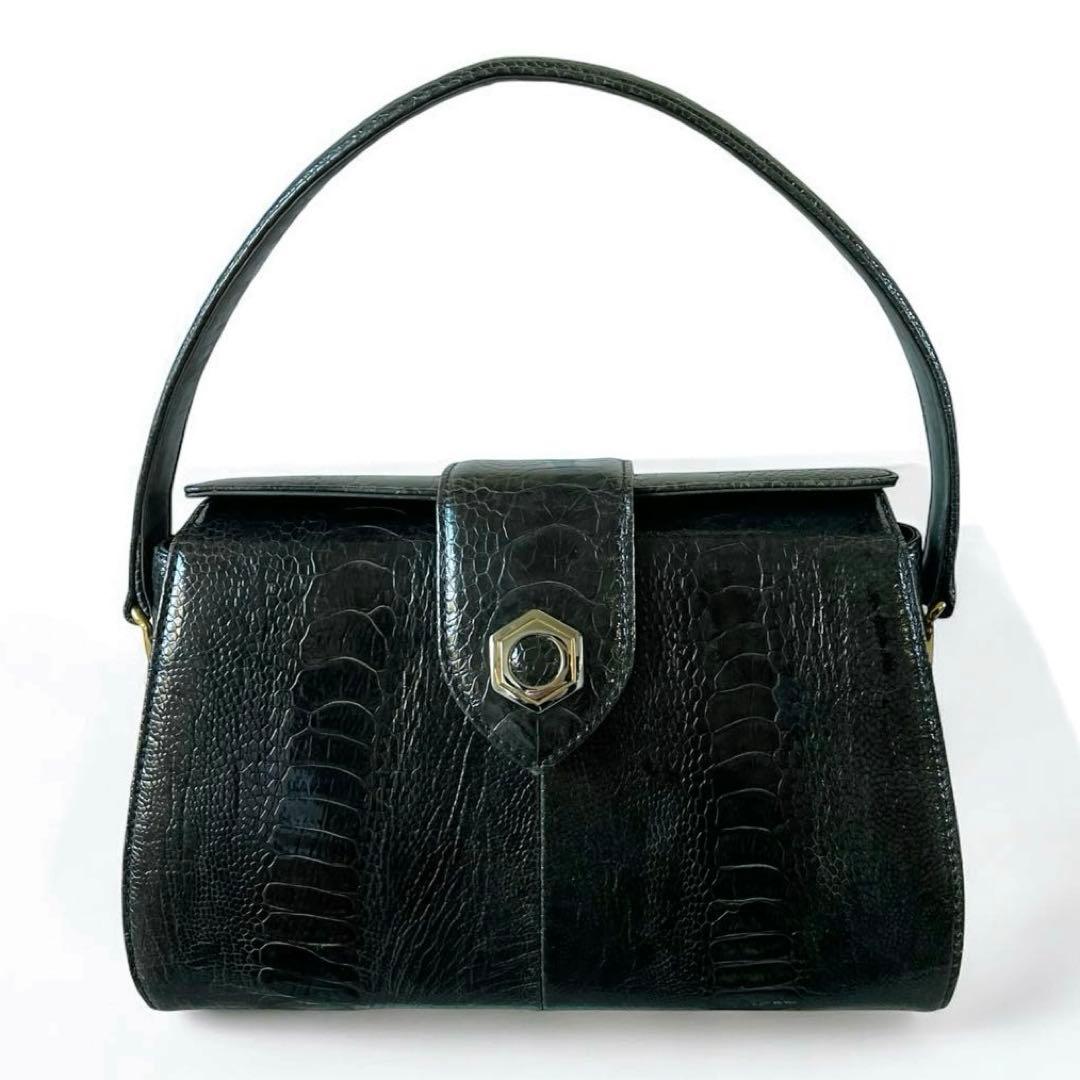 希少カラー オーストリッチ オーストレッグ シャイニング加工 ハンドバッグ 深緑