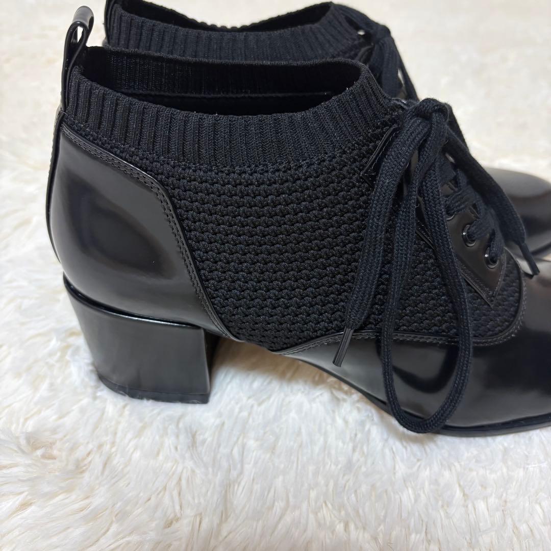 未使用に近い JILLSTUART レースアップニットシューズ レザー 黒 24