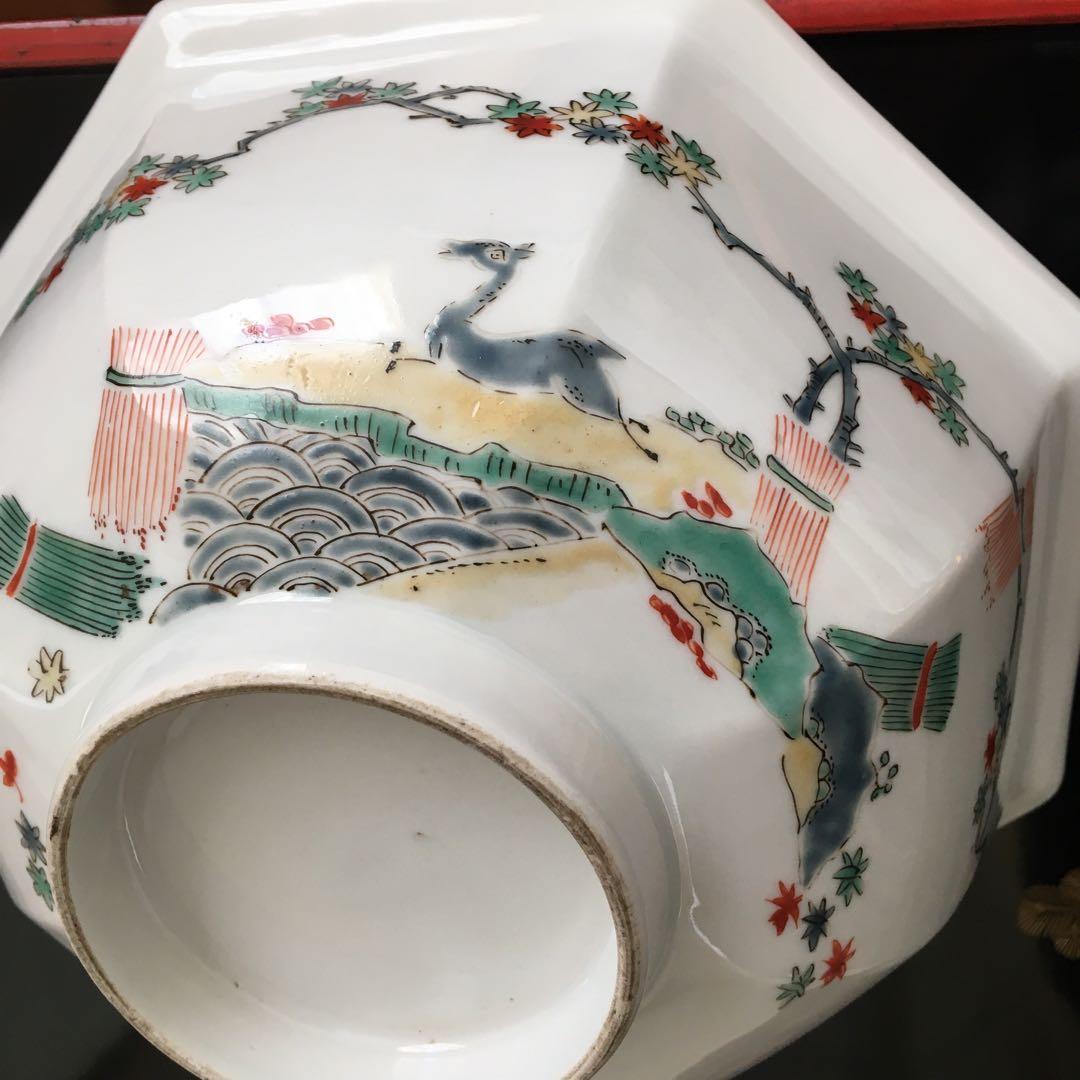 アンティーク　色絵柿右衛門　宝尽　瑞鳥　鹿　紅葉　八角鉢