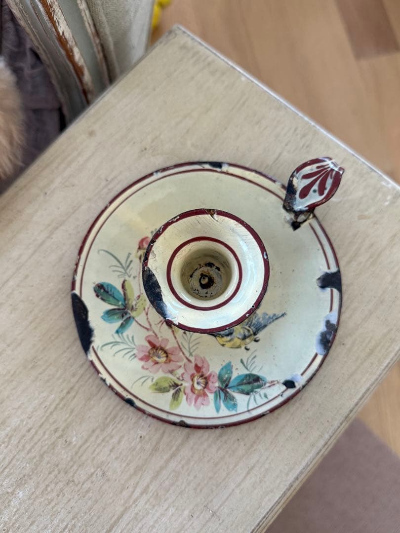 フランスアンティーク花と鳥のハンドペイントホーローキャンドルホルダー