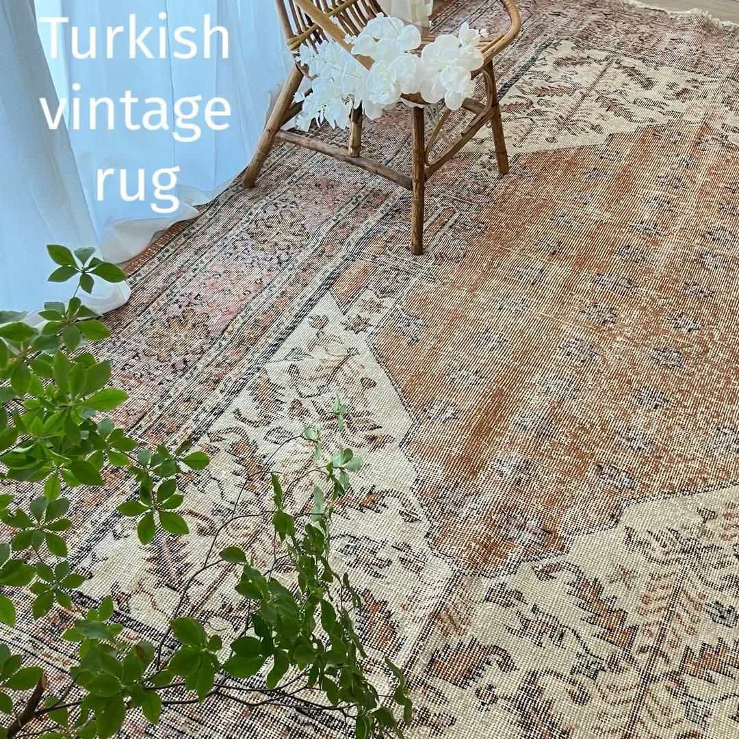 超大判157×269品メダリオン　コーラルピンク　ミルク　トルコヴィンテージラグ