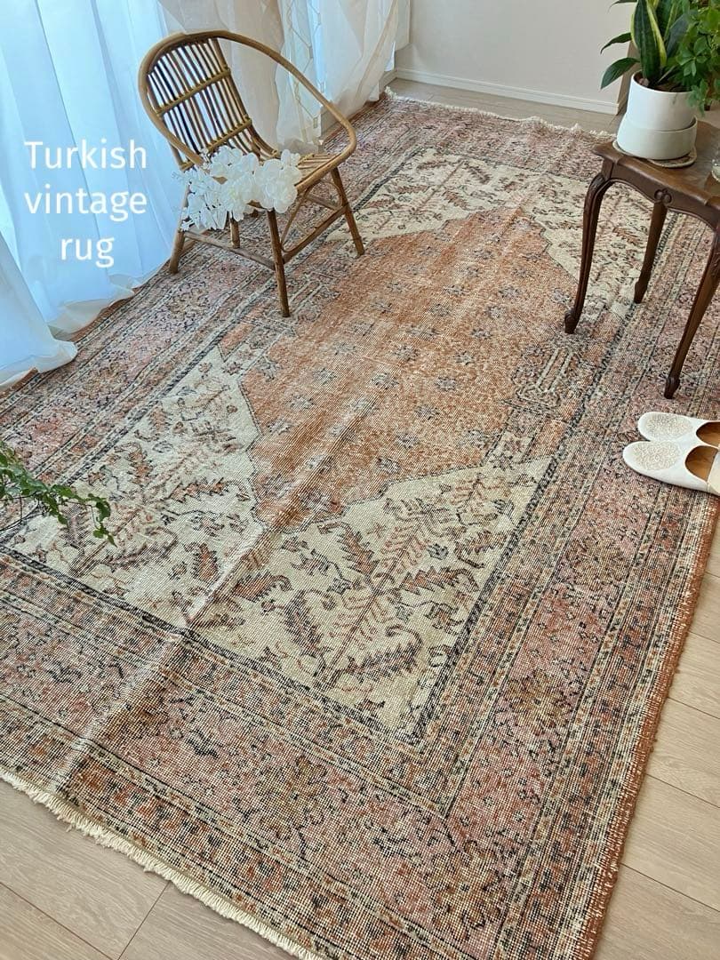 超大判157×269品メダリオン　コーラルピンク　ミルク　トルコヴィンテージラグ