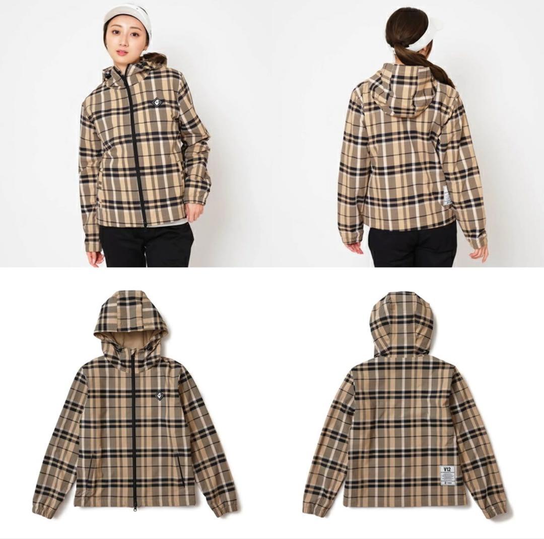 V12 チェック柄フード付きジャケット ベージュ