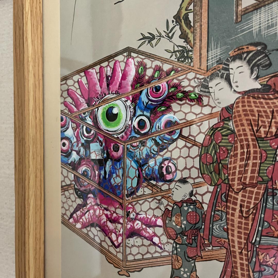 浮世絵版画 妖怪と女性の情景