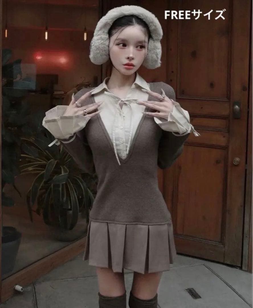 新品Darich ダーリッチ シャツドッキングプリーツミニワンピース　モカ