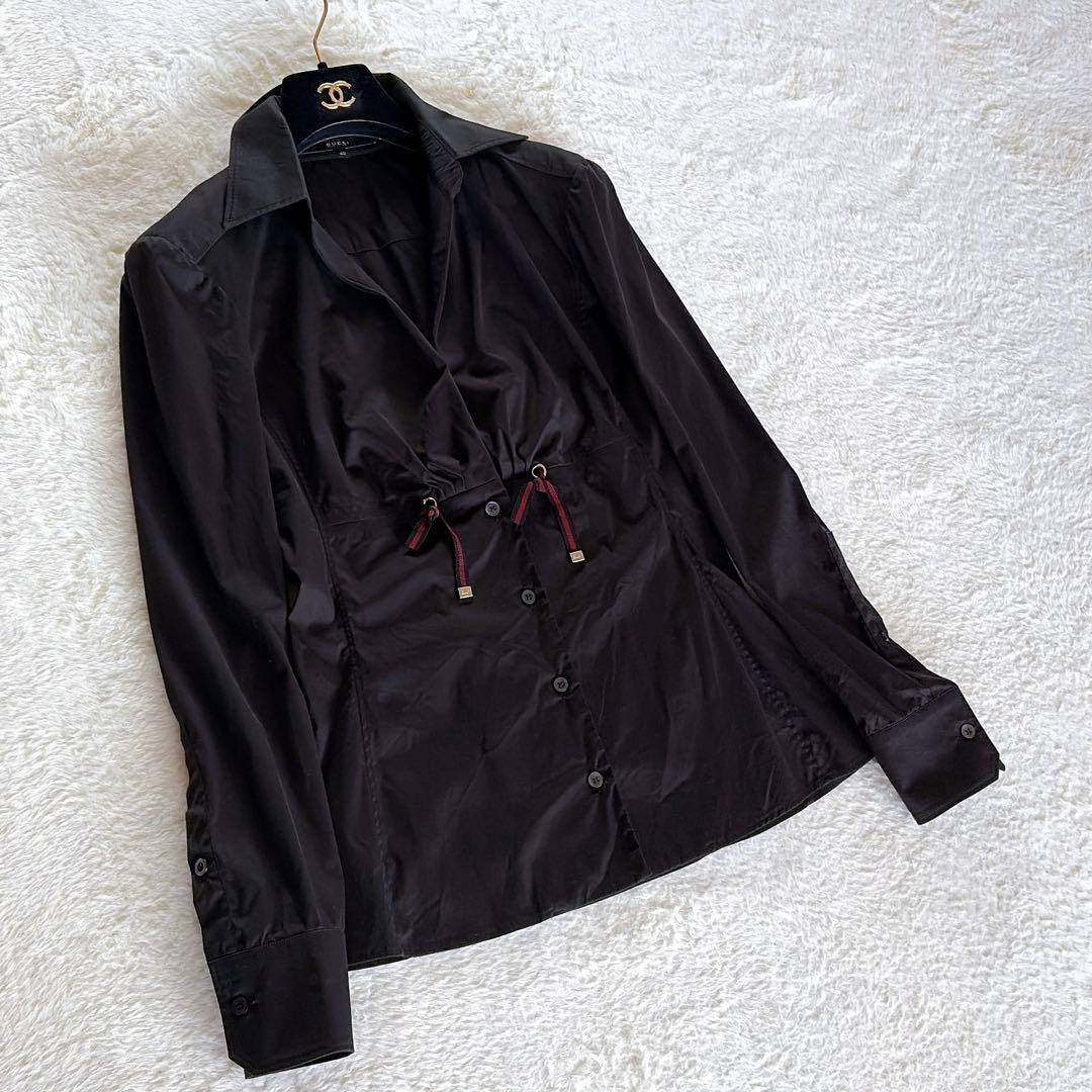 美品✨希少【グッチ】シェリーラインリボン付き長袖シャツ ロゴ刻印ボタン 黒 40