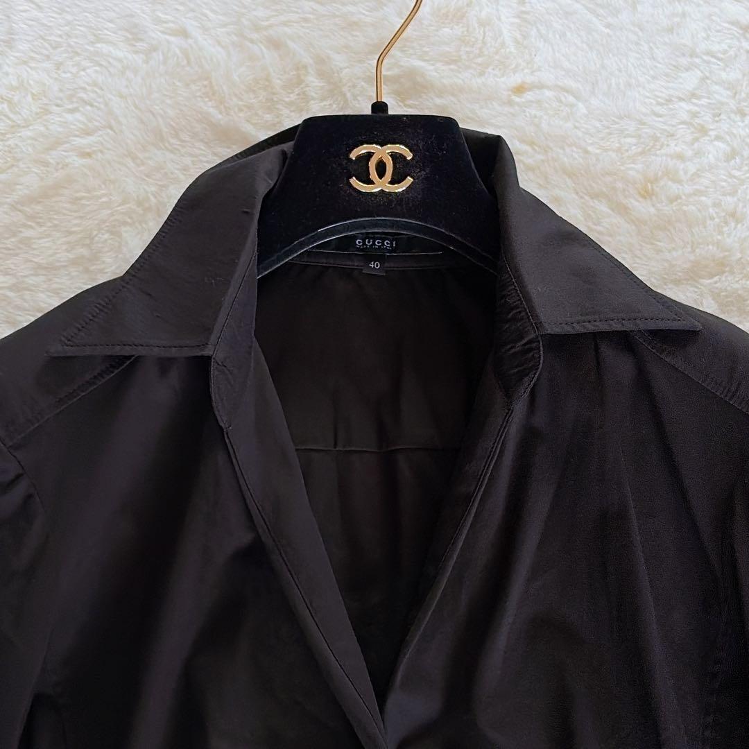 美品✨希少【グッチ】シェリーラインリボン付き長袖シャツ ロゴ刻印ボタン 黒 40