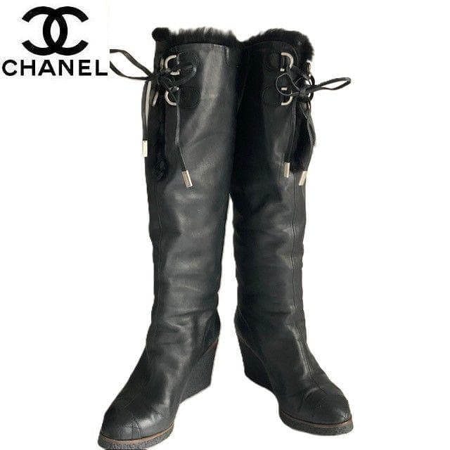CHANEL 39(24.5cm) 黒レザー ロングブーツ CC ウェッジソール