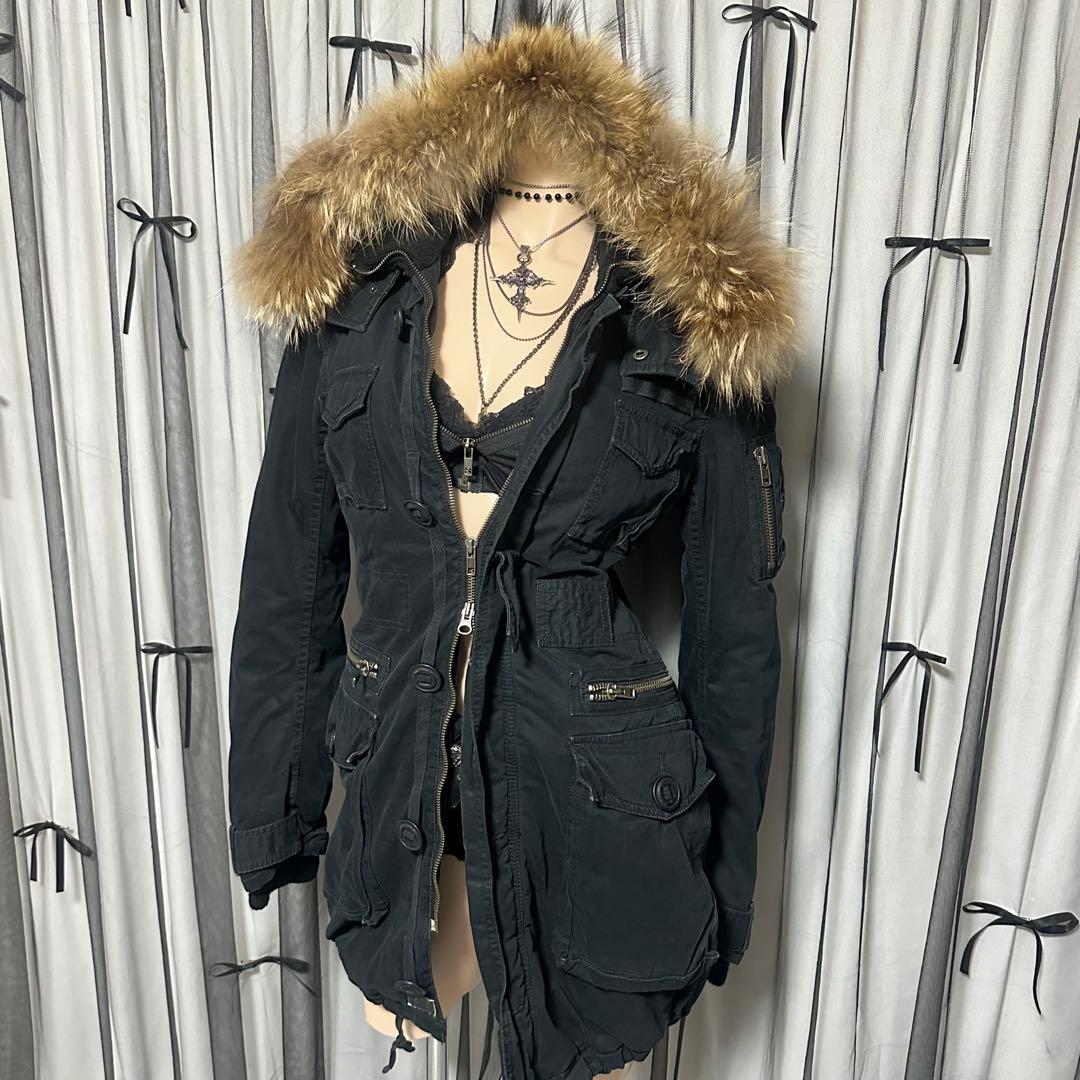 平成ギャル y2k　リアルファー付きミニタリーモッズコート　黒　グランジ　ダウン
