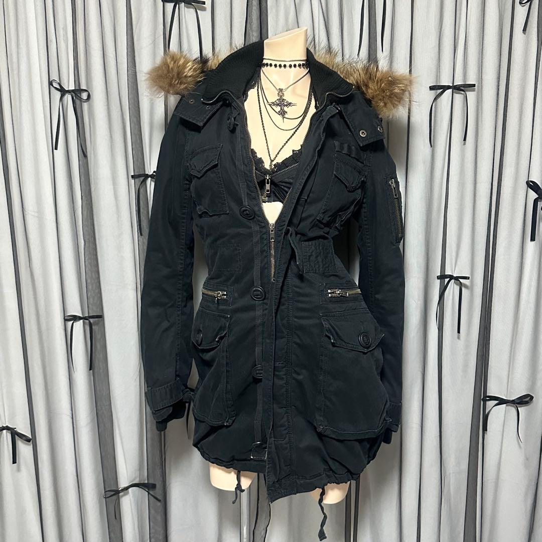 平成ギャル y2k　リアルファー付きミニタリーモッズコート　黒　グランジ　ダウン