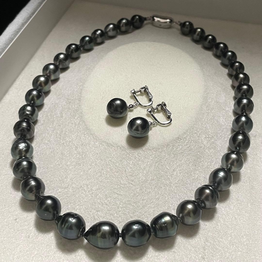 はっぱ5 【2点セット✨黒蝶真珠】ネックレス イヤリング 9.0-11.