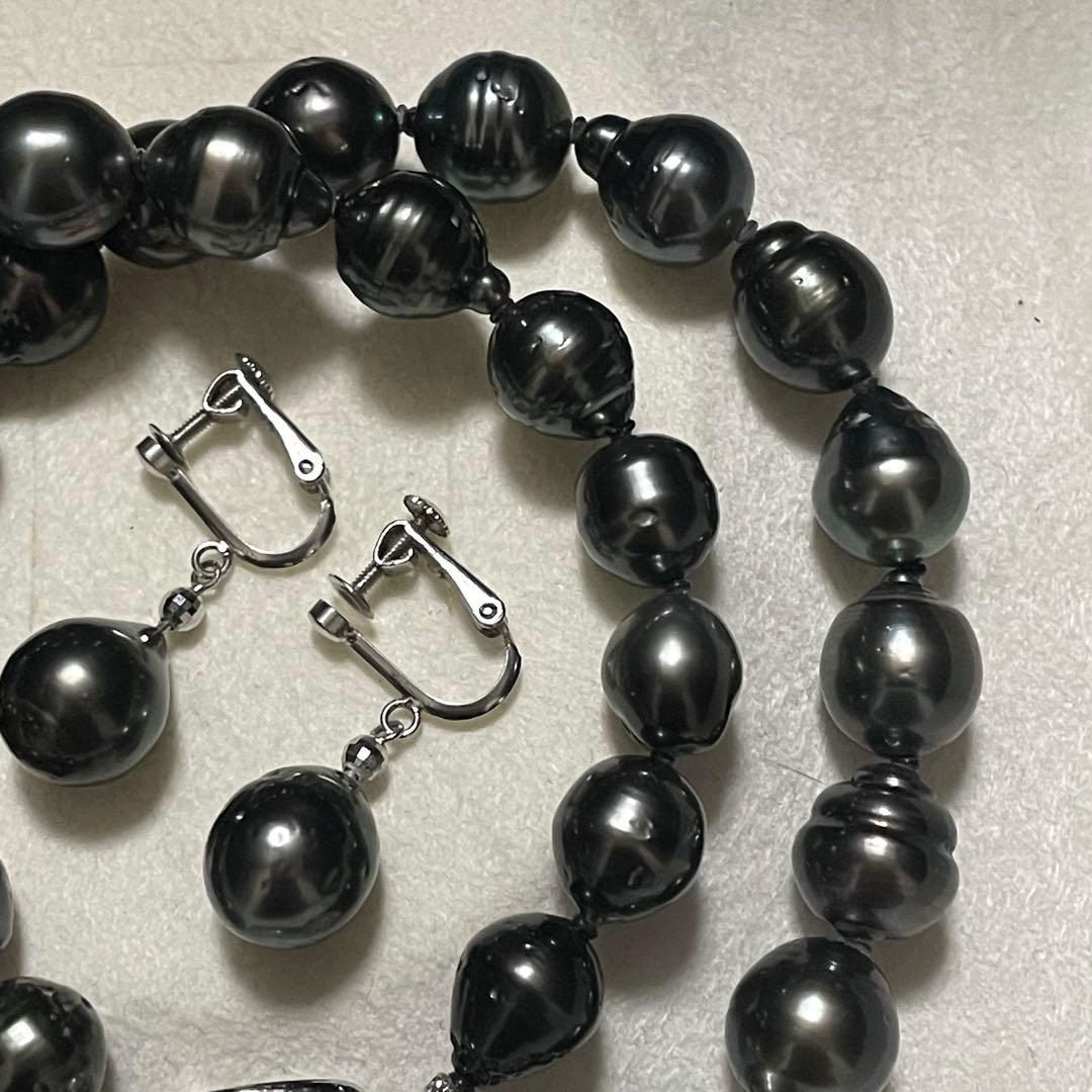 はっぱ5 【2点セット✨黒蝶真珠】ネックレス イヤリング 9.0-11.