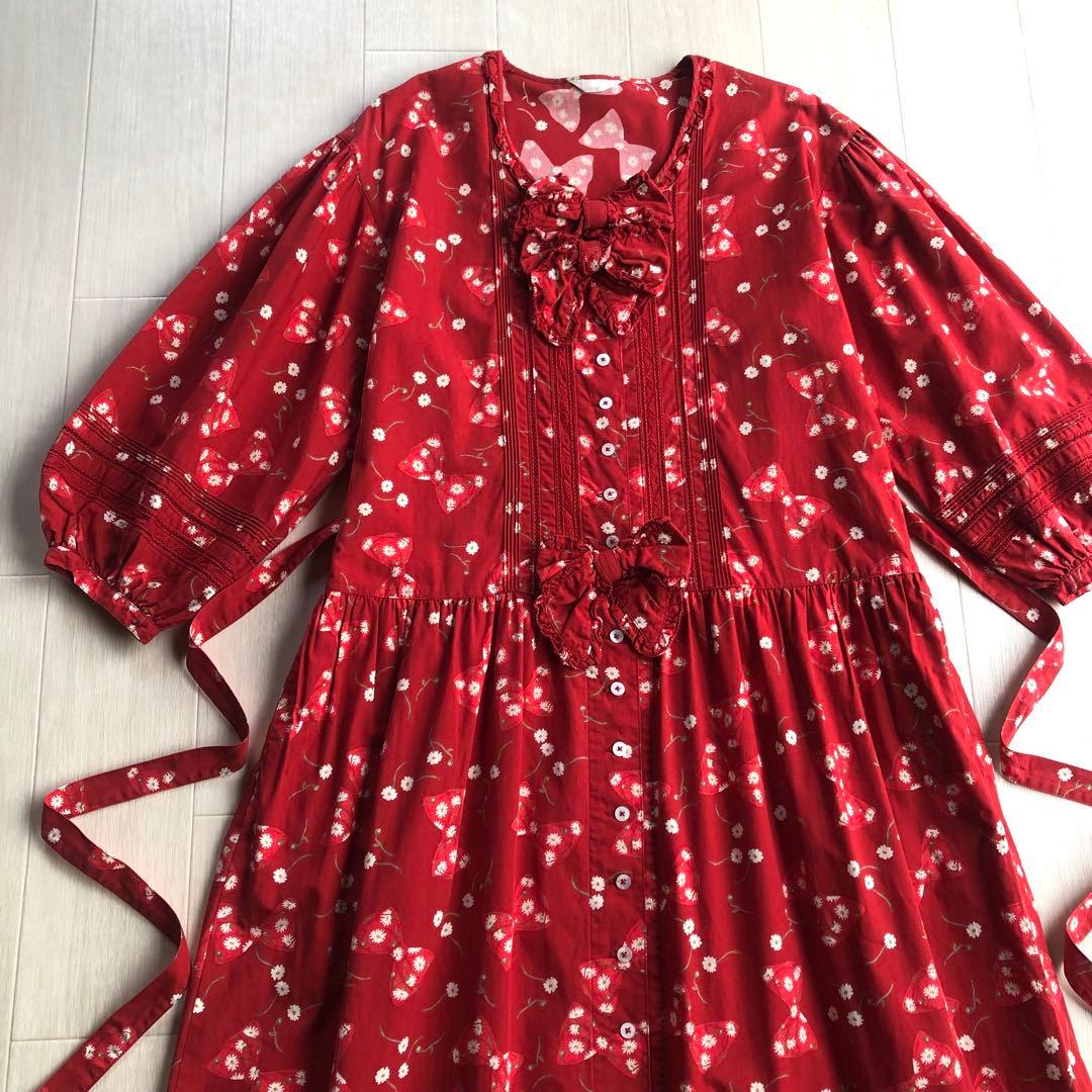 ピンクハウス マーガレット リボン ピンタック はしごレース 7分袖 ワンピース