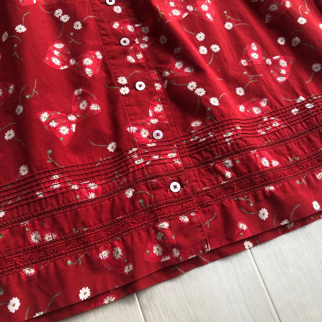 ピンクハウス マーガレット リボン ピンタック はしごレース 7分袖 ワンピース