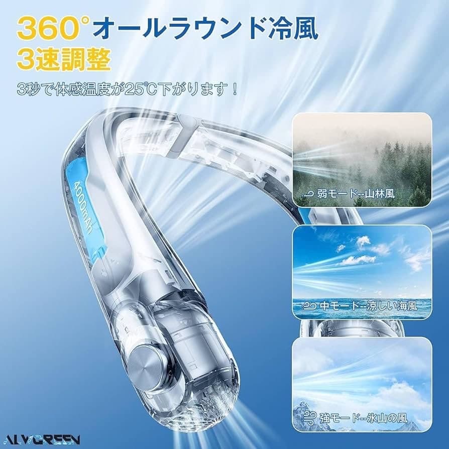 首掛け扇風機 ネッククーラー 携帯扇風機 超長12時間連続稼働 USB充電式