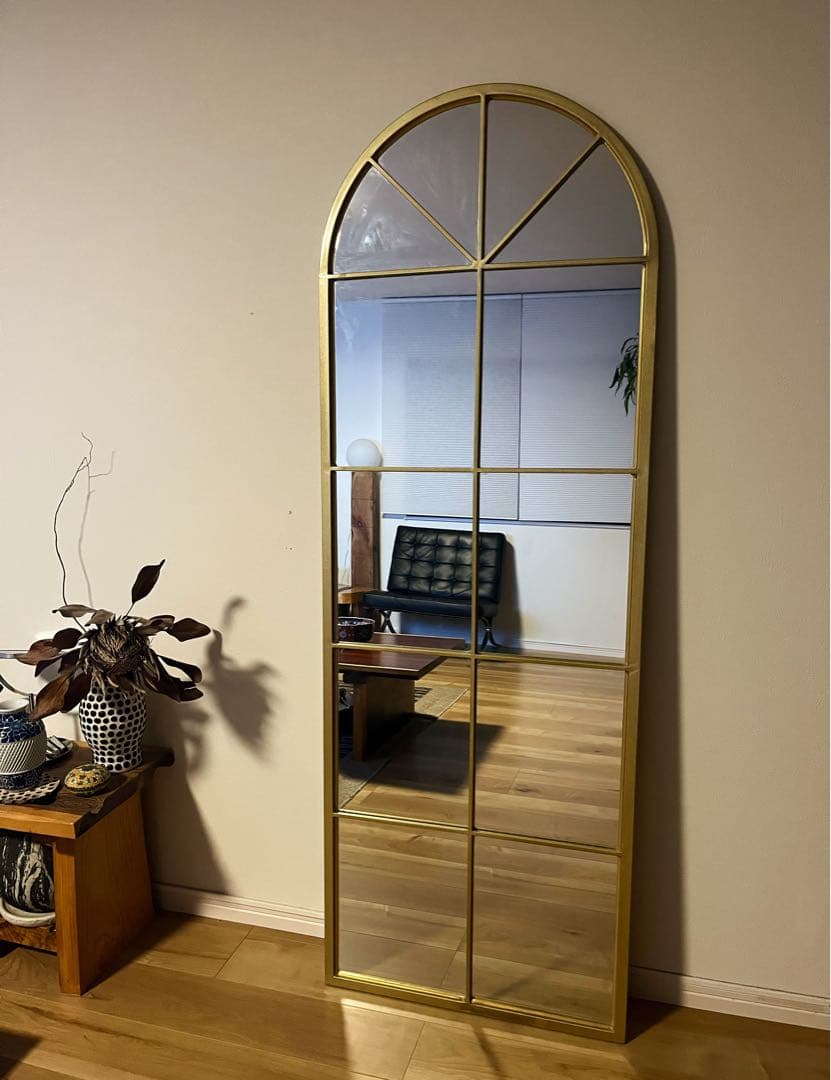 【最終値下げ】窓アーチ型 全身鏡　ウォールミラー　壁掛け鏡 姿見2wayゴールド